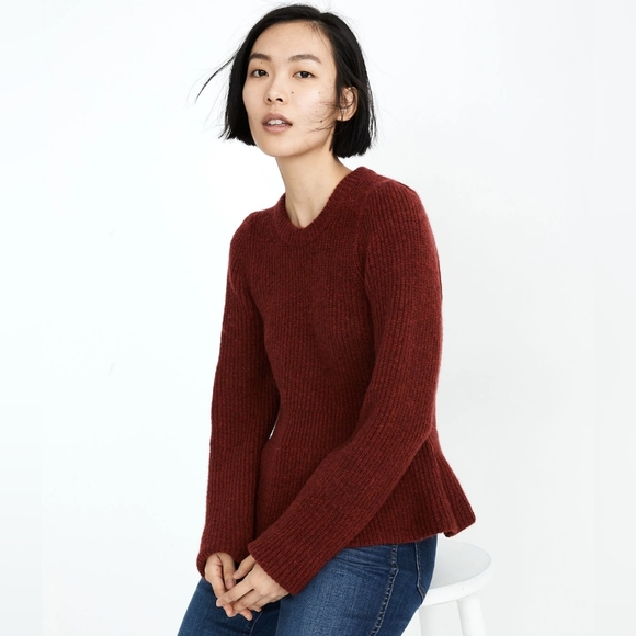 Madewell Peplum Pullover Knit Sweater Women's XS Heather Noir Burgundy Wool - Picture 2 of 9
